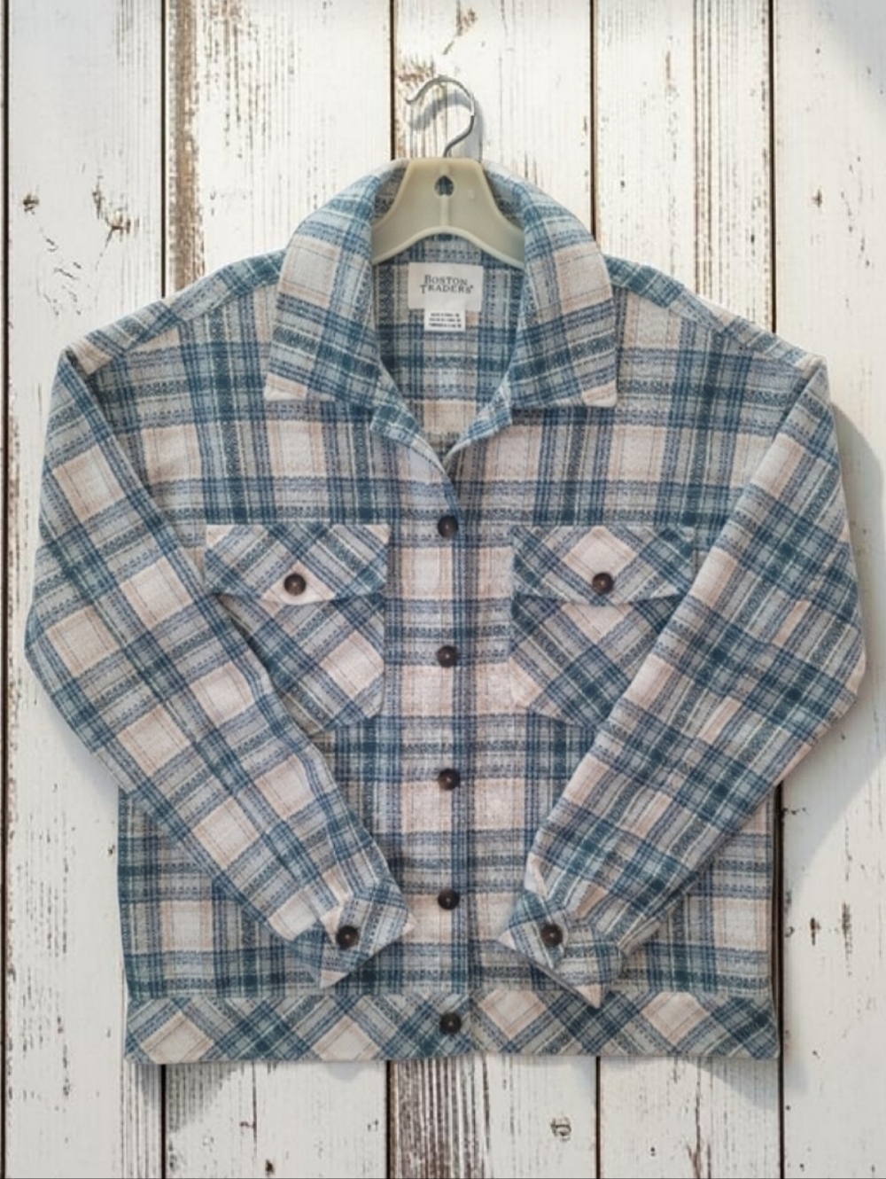 Boston Traders SZ-M Plaid Flannel Shirt+Jacket=Shacket Teal Cream MINT CONDITION